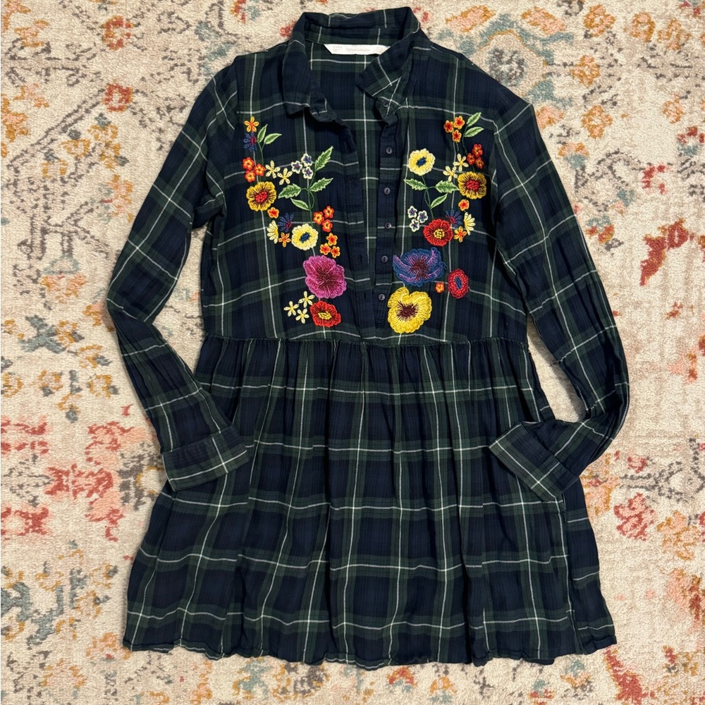 Flannel long sleeve dress with floral embroidery